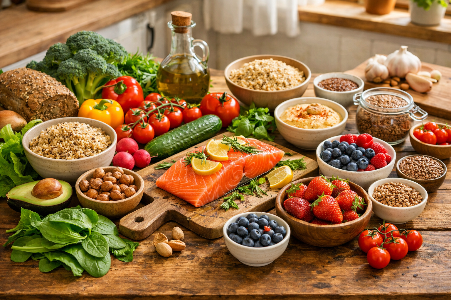 A bright, inviting kitchen scene with fresh colorful vegetables, nuts, salmon, berries and whole grains arranged on a wooden table, natural lighting, healthy food photography style, warm and wholesome atmosphere
